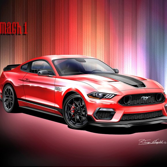 2022 MUSTANG MACH 1 - RACE RED ART PRINT | TORCH RED | BLACK FIVE SPOKE WHEELS - Picture 1 of 1